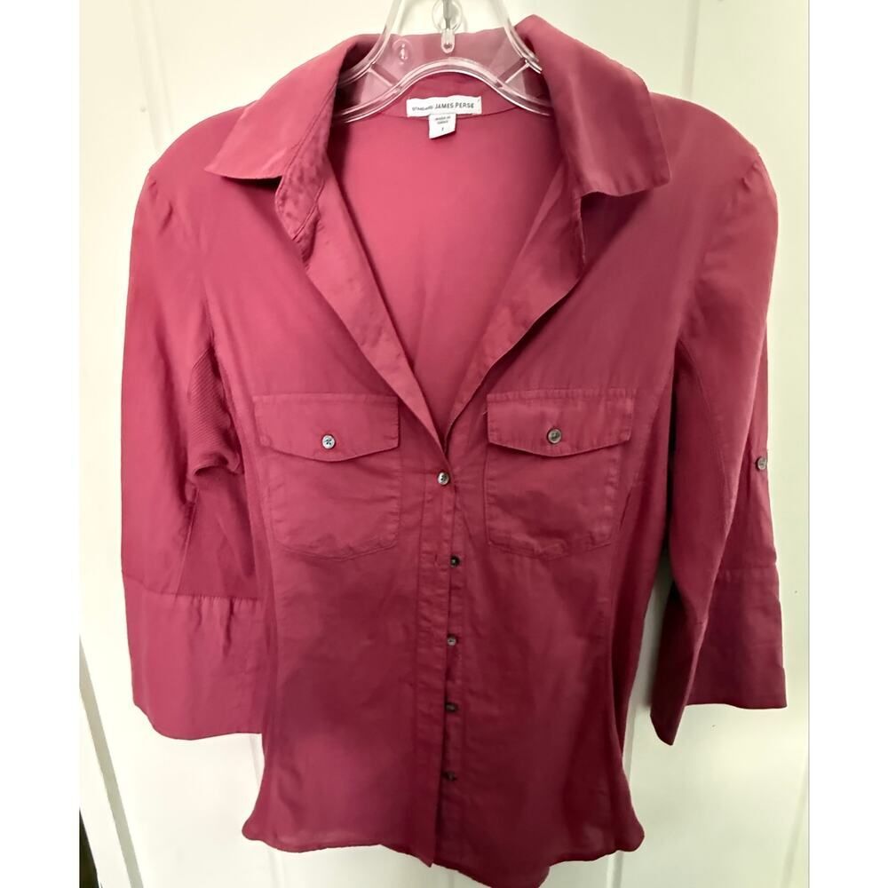 James Perse Standard Pink Button Down Shirt 3/4 Roll Tab Sleeve WLC3321CU Size 1